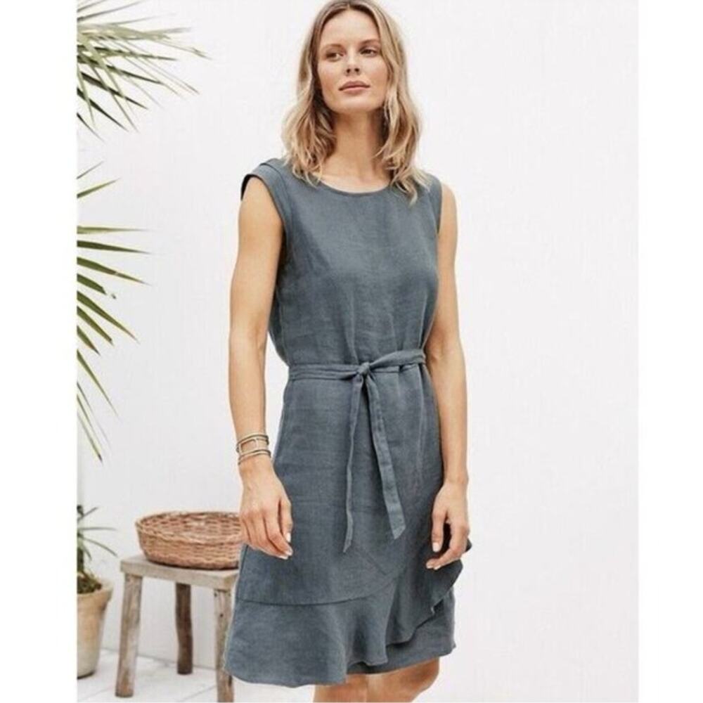 Garnet Hill 100% Linen Wrap Ruffle Gray Sleeveless Dress Coastal Cottage Size 8